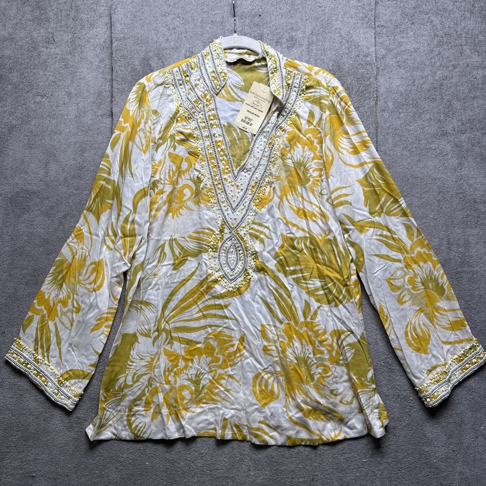 Soft Surroundings Island‎ Tunic Top M Golden Yellow Beaded Boho Resort Style